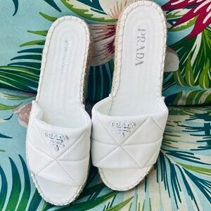 Fashion Prada White Quilted Leather Slide Mules